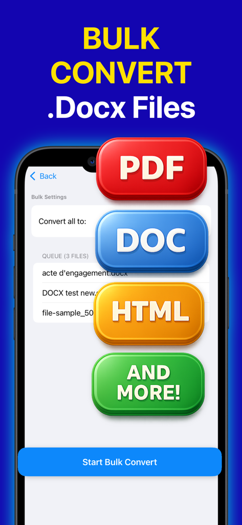 Interface móvel mostrando recursos de conversão em massa de arquivos DOCX para formatos PDF, DOC e HTML