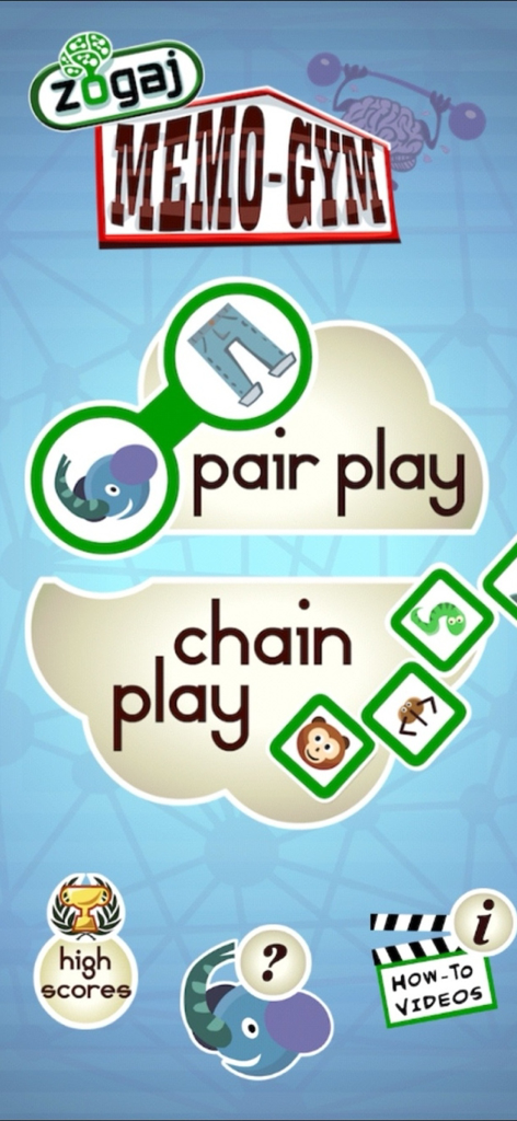 Zogaj Memo Gym - Zogaj Memo Gym main menu showing pair play and chain play modes