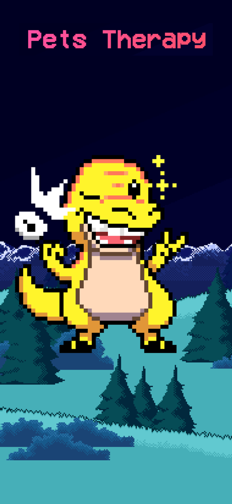 Pets Therapy - A yellow pixel art dinosaur character in a blue mountain forest landscape