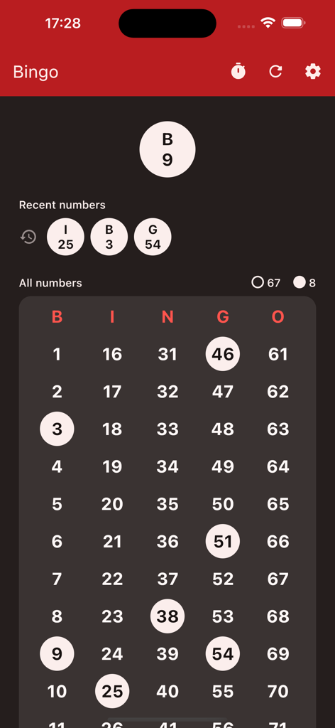 Bingo Generator & Caller - Digital bingo caller screen displaying the current number B9 and a history of recently called numbers