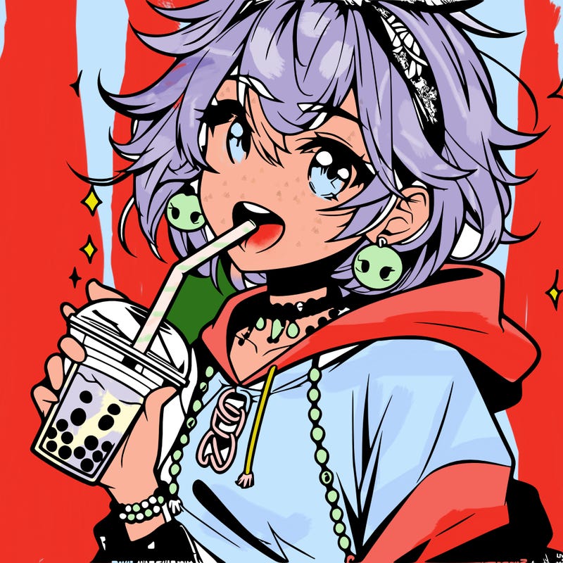 hot baddie anime girl drinking boba and biting the straw