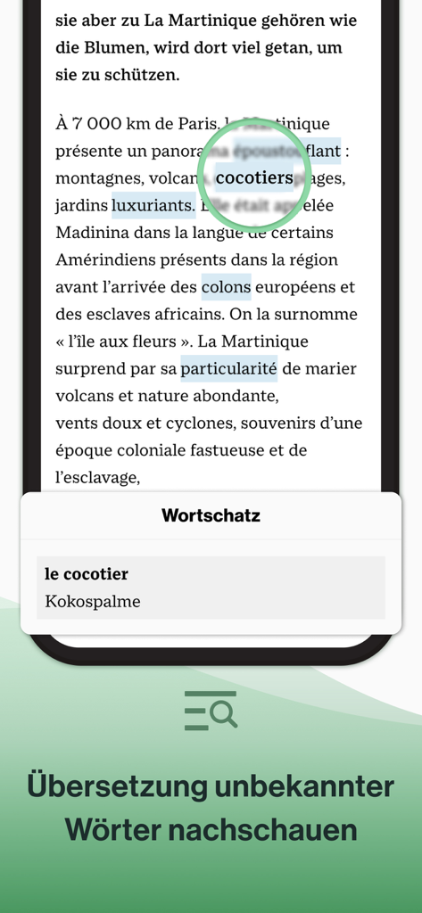 Recherche de vocabulaire dans l'application montrant la traduction allemande d'un mot français dans un texte sur la Martinique.