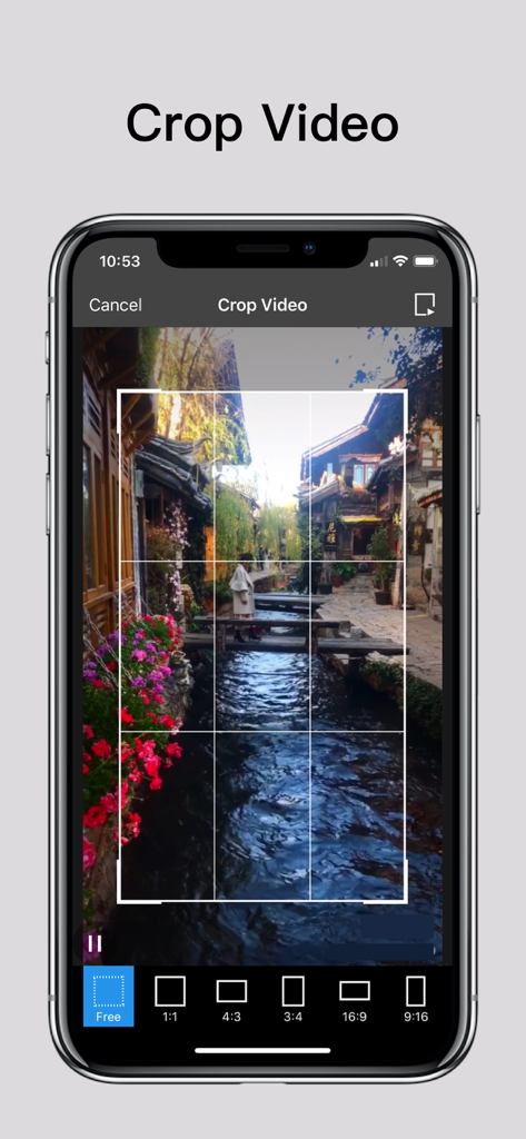 Mobile app interface showing video cropping tools and aspect ratio options
