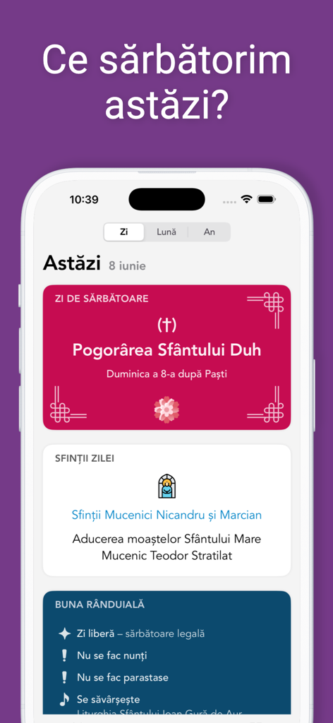Vista diaria de la aplicación Calendario Ortodoxo que muestra la festividad religiosa de Pentecostés y los santos del día en rumano