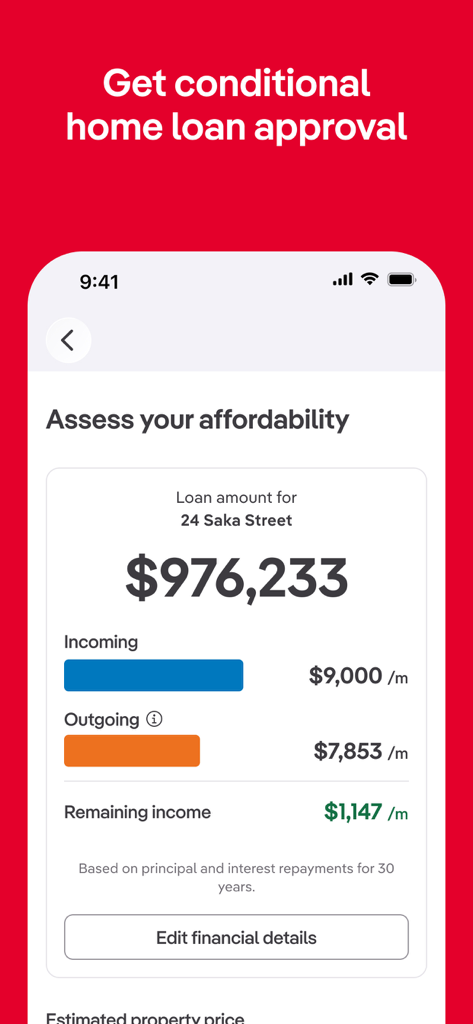 A mobile app interface displaying a home loan affordability assessment with incoming and outgoing monthly totals