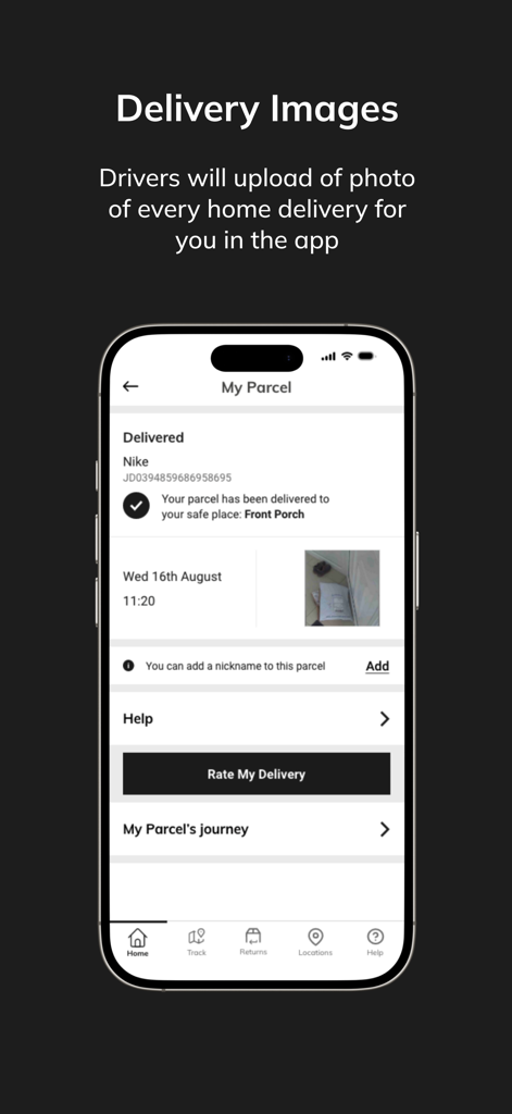 Yodel by InPost - 玄関先に置かれた荷物の写真とともに、配送完了を表示するYodelアプリのスマートフォン画面