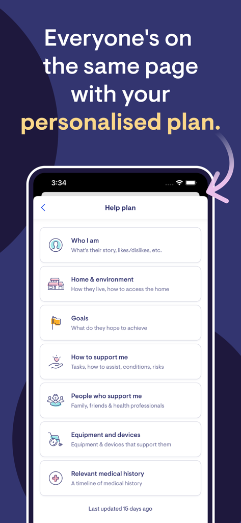 Lookout - Lookout app interface displaying a personalized help plan with sections for goals, support methods, and medical history.
