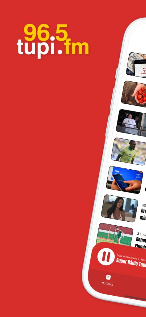 Interface do aplicativo móvel Super Radio Tupi exibindo um feed de notícias e controles de reprodução de rádio ao vivo