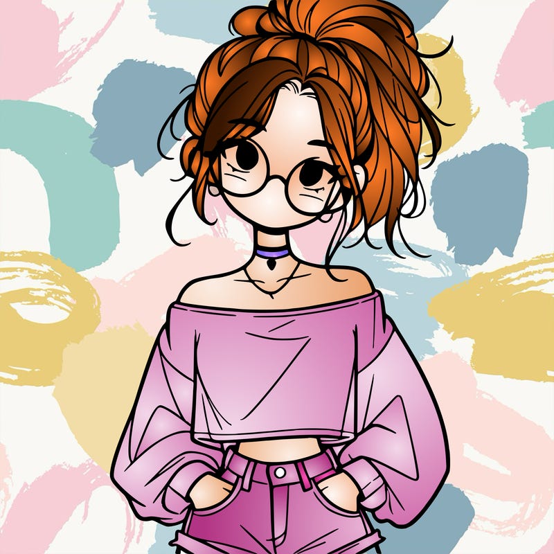 girl with a messy ponytail glasses a baggy crop top and jean shorts