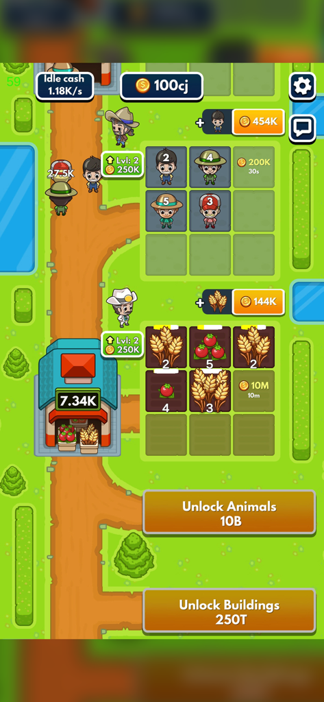 Idle Farm Tycoon - Merge Game - Gameplay screenshot of Idle Farm Tycoon showing worker and crop merge grids