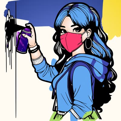 realistic girl with mask spray painting a wall