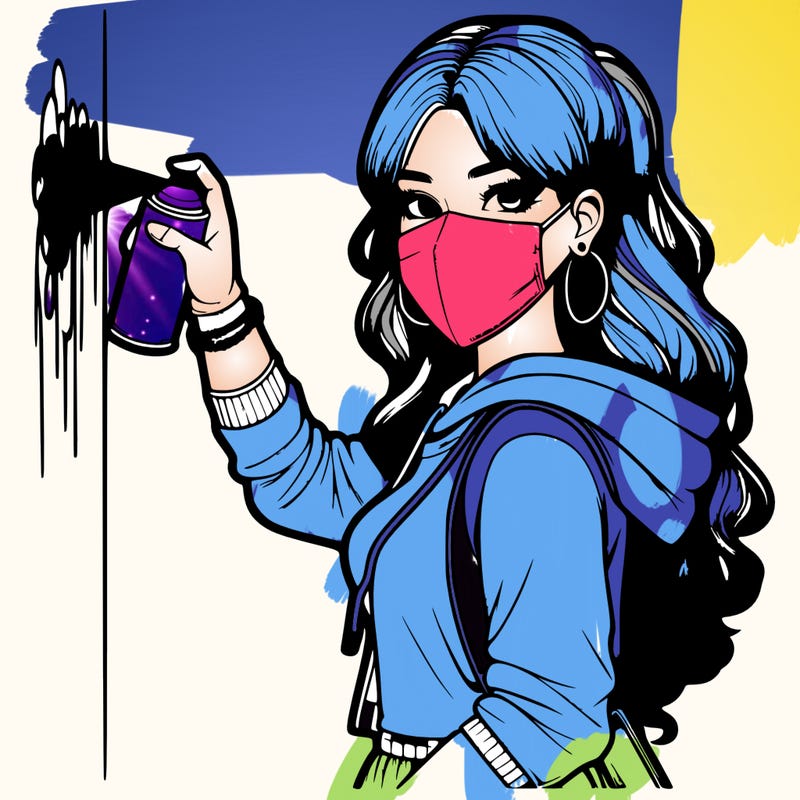 realistic girl with mask spray painting a wall