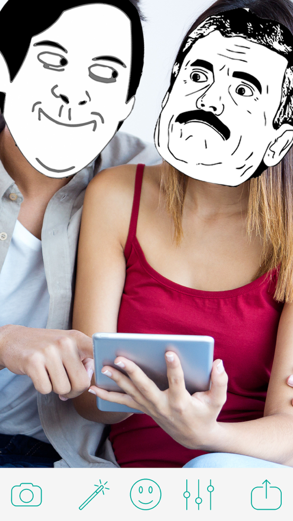 A couple with their faces replaced by classic rage comic meme stickers using the Troll Face Camera app.