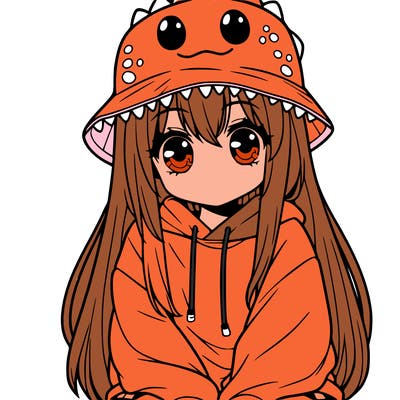 girl with anime shaped eyes with a dinosaur bucket hat oversized sweatshirt long straight hair