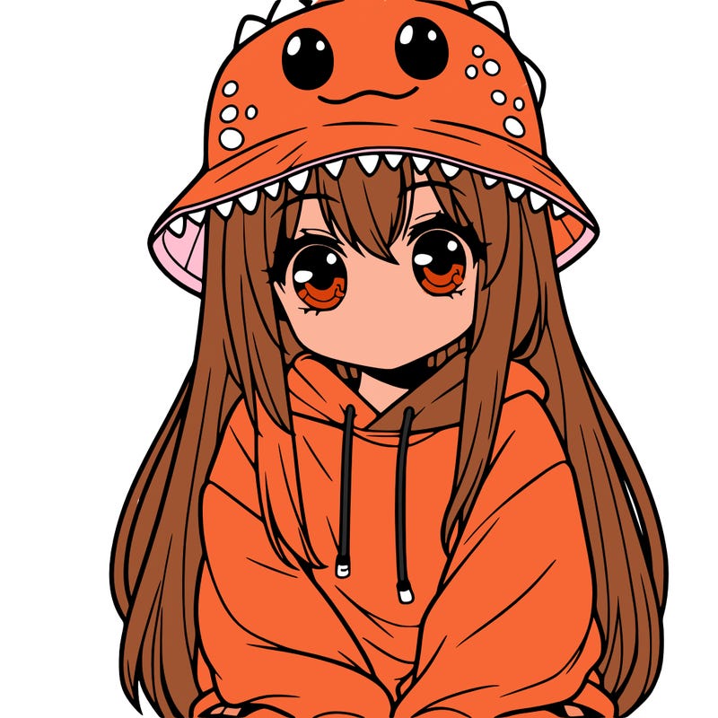 girl with anime shaped eyes with a dinosaur bucket hat oversized sweatshirt long straight hair