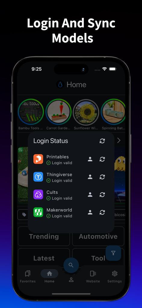 Makerworld Printables | 3Drop - Mobile app interface showing login and sync status for multiple 3D model platforms