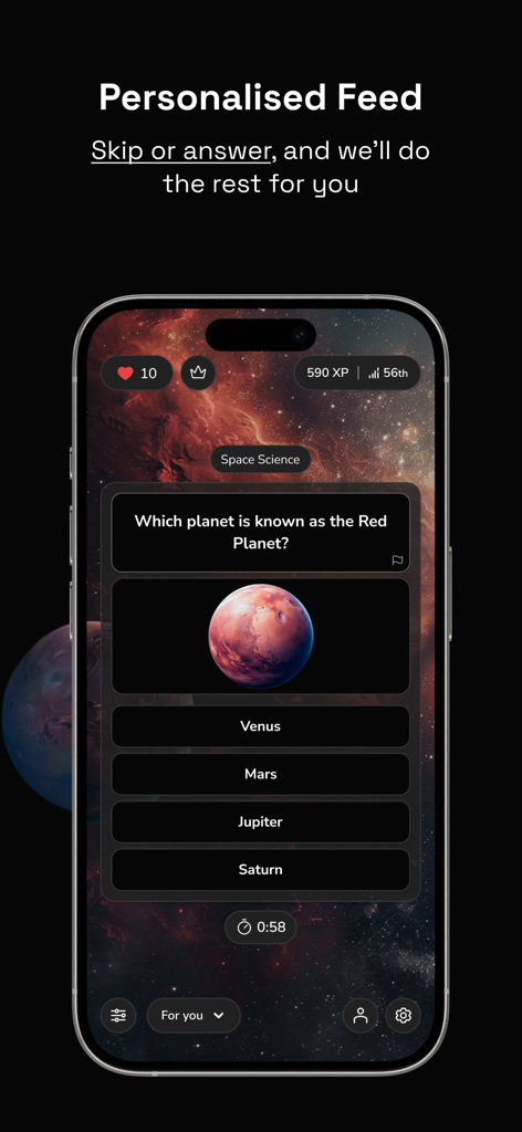 QuizFlow app showing a personalized space science trivia question about the Red Planet