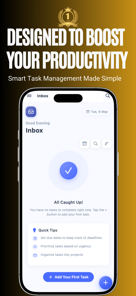 TaskerPro 앱 인터페이스에 깔끔한 받은 편지함과 빠른 생산성 팁이 표시됩니다.