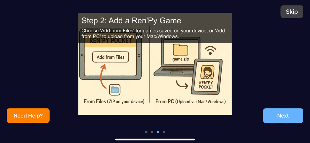 A tutorial screen in the Renpy Pocket app showing two ways to add a game: from device files or from a PC via Wi-Fi.