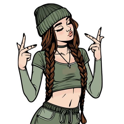 realistic teenage girl with braids and a beanie and crop top doing 🫶🏼