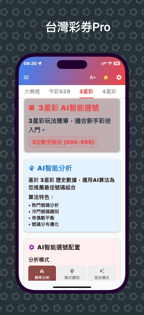 Taiwan Lottery App - Taiwan Lottery App interface showing AI smart analysis for 3-Star Lottery
