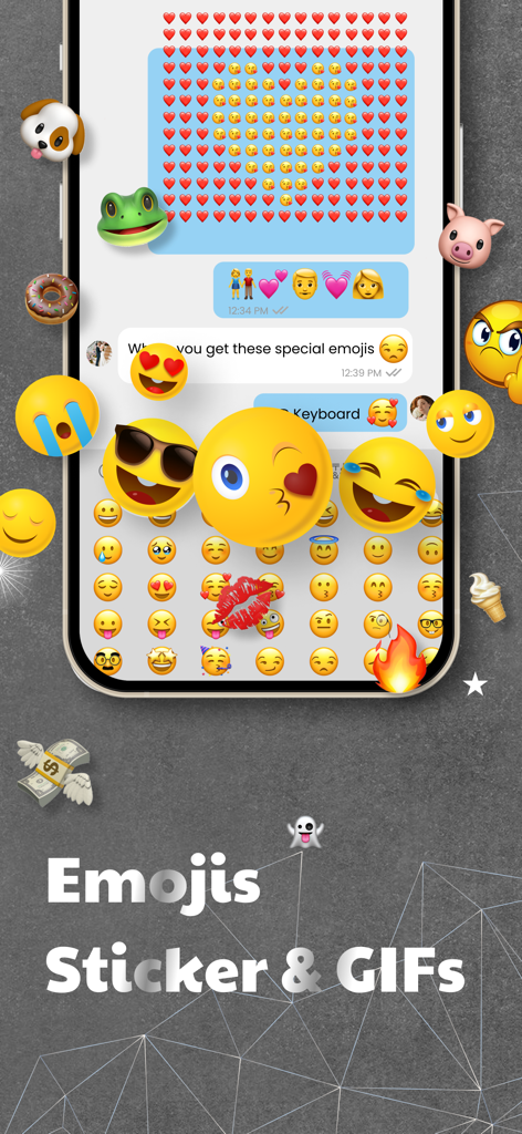LED Keyboard - RGB Color - Una pantalla de smartphone mostrando una colección de vibrantes emojis, stickers y GIFs dentro de la interfaz de una aplicación de mensajería.