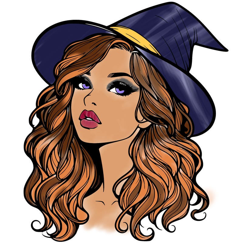 realistic witch girl with wavy hair and lips