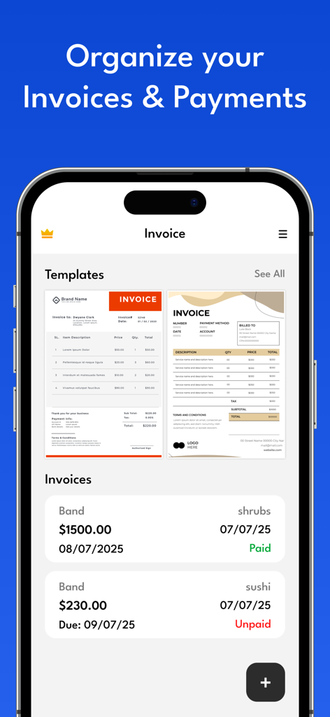 Invoice Maker & Quotation - Dashboard of the Invoice Maker app displaying professional invoice templates and a payment tracking list with paid and unpaid statuses.