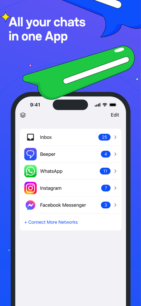 Beeper - Application mobile Beeper affichant une boîte de réception centralisée pour plusieurs réseaux de discussion tels que WhatsApp et Instagram