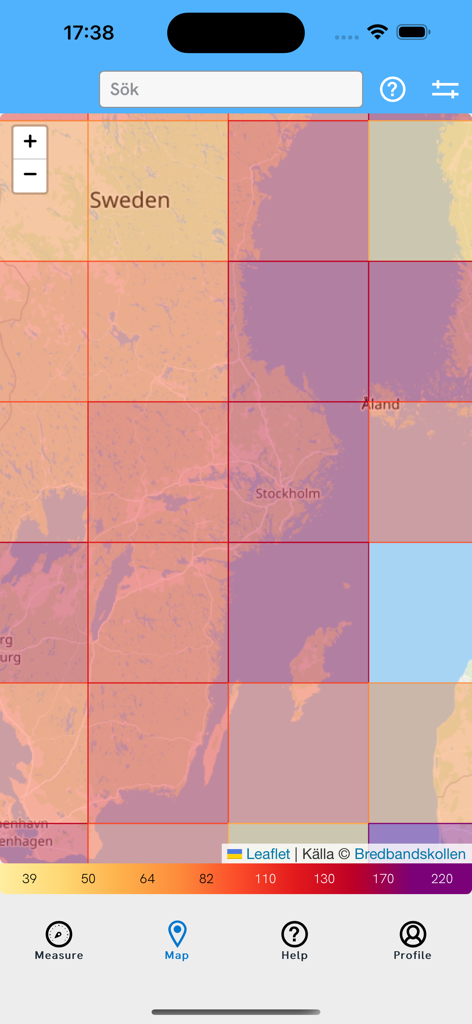Bredbandskollen - Bredbandskollenモバイルアプリ、スウェーデンの色分けされたインターネット速度マップを表示