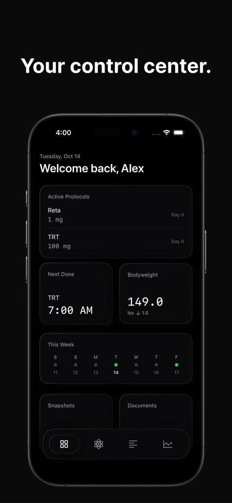Dose: Peptide Tracker - Dose app dashboard showing active peptide protocols next dose schedule and bodyweight tracking