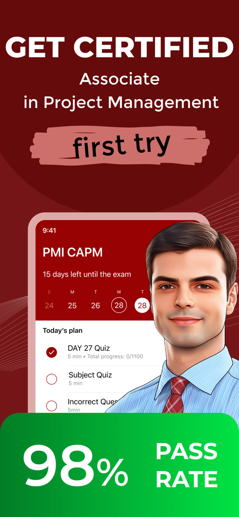 Pass PMI CAPM Exam 2026 - Mobile app interface for CAPM exam preparation featuring a 98 percent pass rate and personalized daily study plan