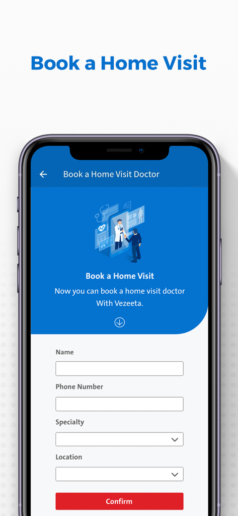 Vezeeta - Doctors & Pharmacy - A smartphone displaying the Vezeeta app interface for booking a home visit from a doctor with a contact form.