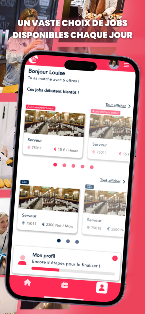 Extracadabra, ton job au choix - Mobile application interface displaying server job openings with pay rates and contract options