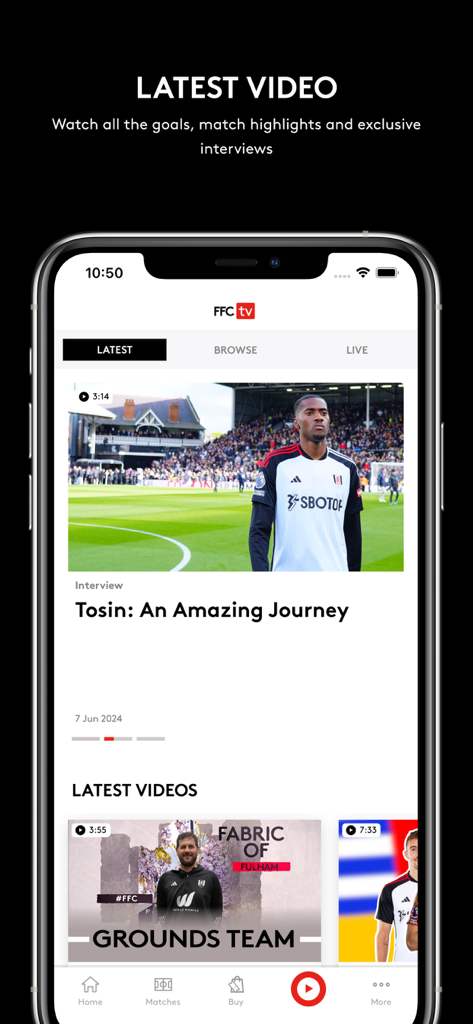 Official Fulham FC App latest video section featuring player interviews and match highlights on FFCtv.