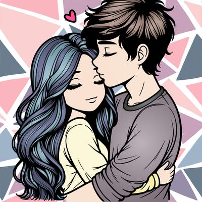 a realistic couple boy and girl hugging and kissing