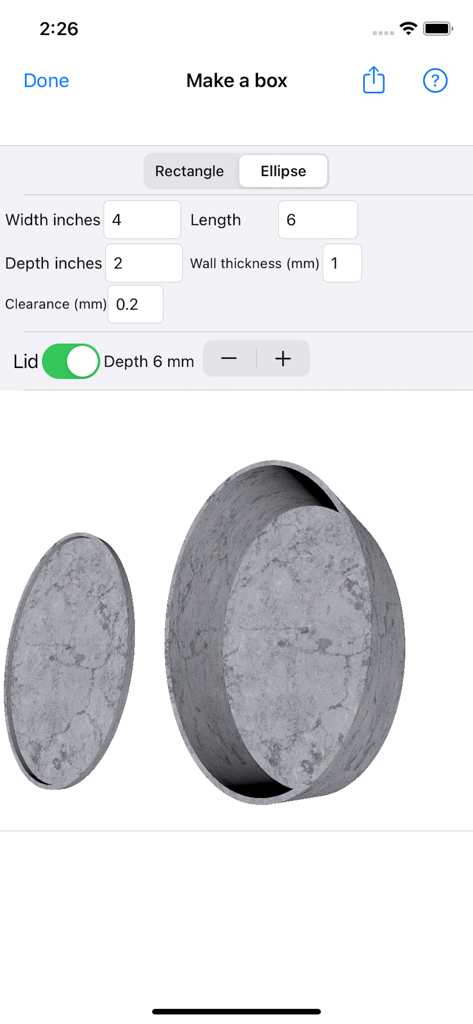 3D Box Maker - 3D Box Maker app interface designing an elliptical box and lid with custom dimensions for 3D printing