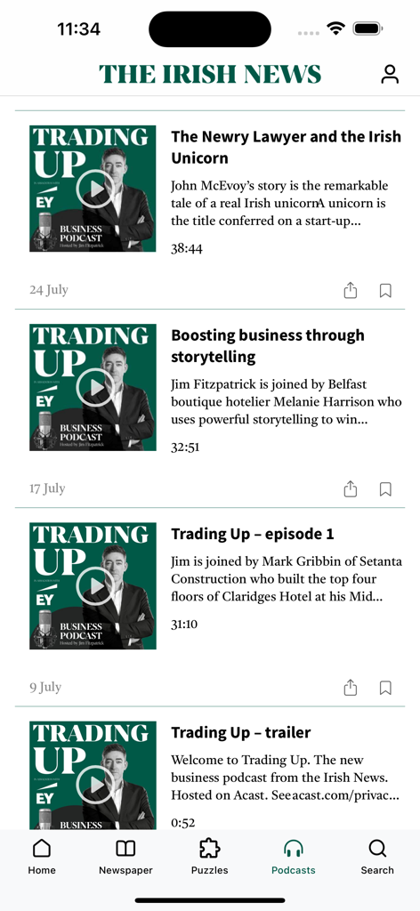 The Irish News Digital Edition - The Irish News app podcast interface showing episodes of the Trading Up business podcast