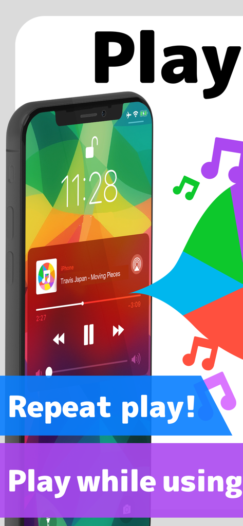Music Radio FunMusic - stream - Pantalla de bloqueo del iPhone mostrando el reproductor de música en segundo plano y las funciones de reproducción repetida de la aplicación Music Radio FunMusic
