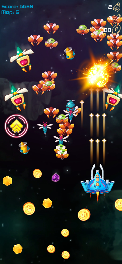 Galaxy Attack Alien Shooter II - Gameplay screenshot of Galaxy Attack Alien Shooter II featuring a blue spaceship fighting waves of alien insects and collecting coins in space