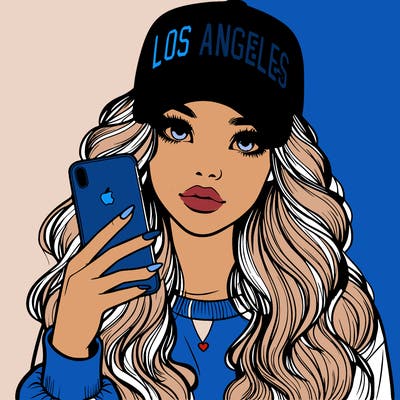 realistic beautiful girl wearing los ángeles cap holding an iphone