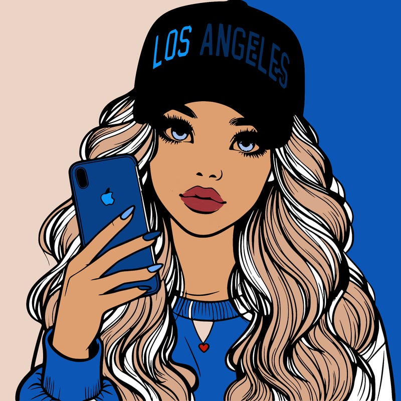realistic beautiful girl wearing los ángeles cap holding an iphone