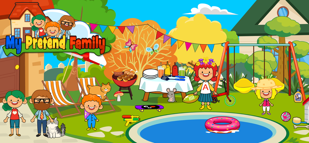 Cartoon family and children playing in a colorful backyard with a swimming pool and BBQ grill