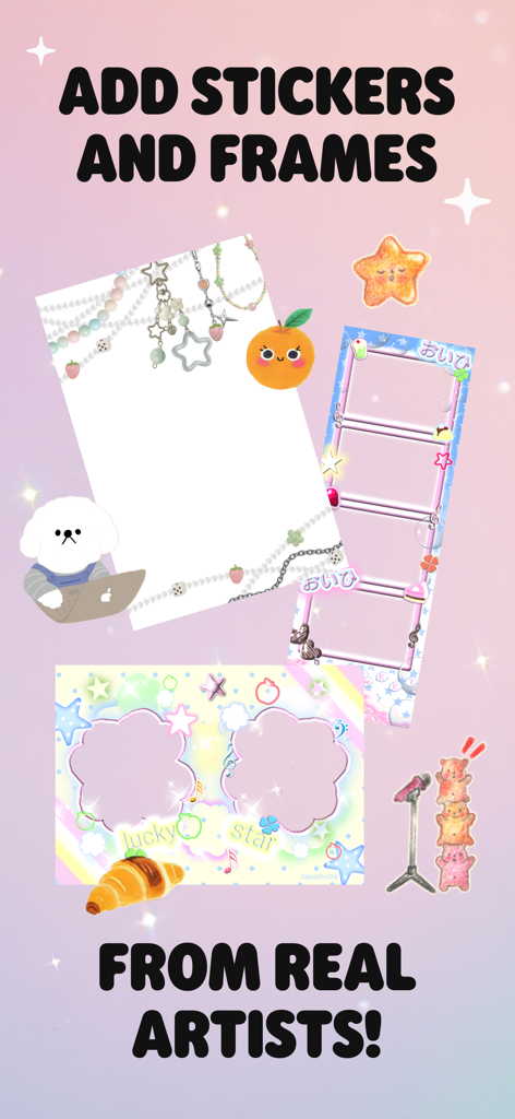 A showcase of cute artist-made photo frames and stickers within the Moshicam app