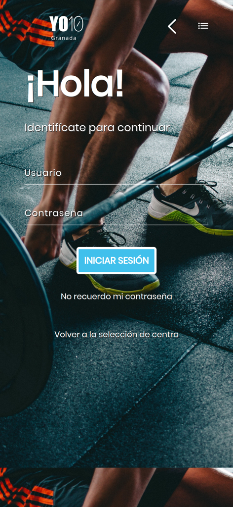 Acceso YO10 - Login screen of the Acceso YO10 mobile app featuring a fitness background