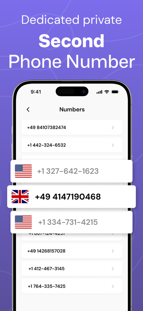 Second Phone Number © 2nd Call - Smartphone displaying a list of private second phone numbers with US and UK flags