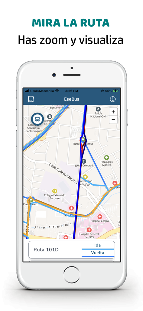 EseBus SV - EseBus SV App-Oberfläche, die eine detaillierte Busroutenkarte von San Salvador zeigt