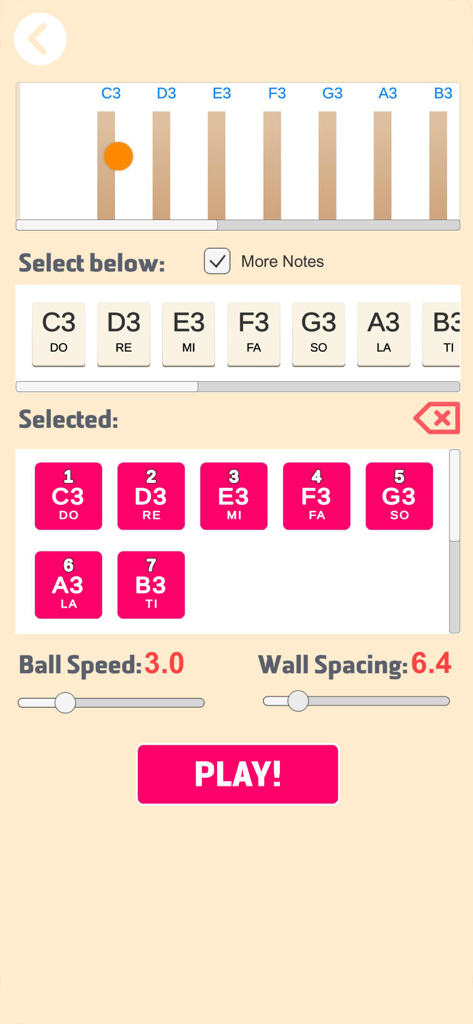 Voice Through - Settings screen for the Voice Through app showing musical note selection and game speed sliders.