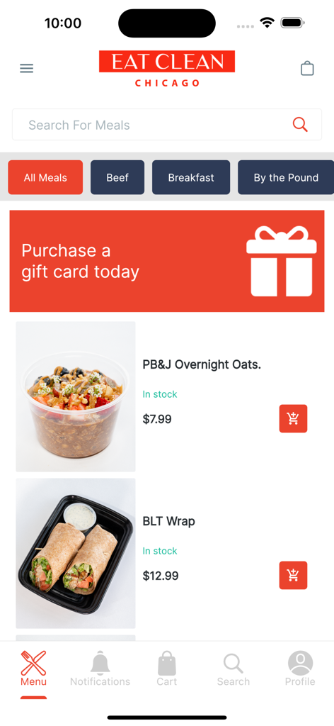 Eat Clean Chicago - The Eat Clean Chicago app menu displaying meal options like PB&J Overnight Oats and BLT Wrap with a search bar and category filters.