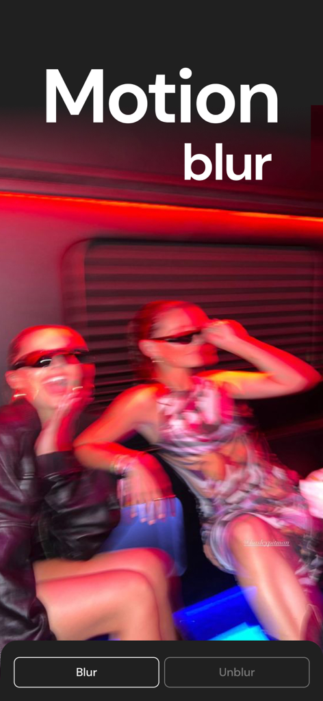 Motion Blur Photo Background - App interface showing a motion blur effect applied to a photo of people in a nightclub